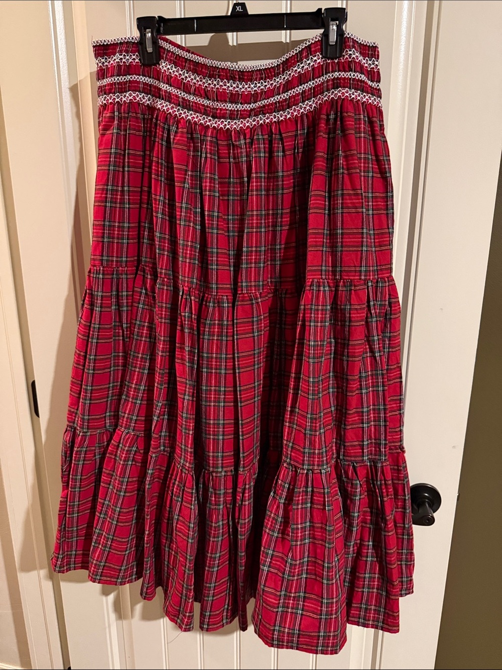 Ivy City Co Red Plaid Tiered Maxi Skirt With Pockets